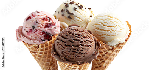 Strawberry, Chocolate and  Vanilla Ice cream in the cone on transparent background
