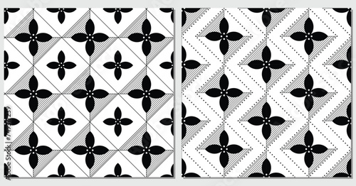 Sets of 2  geometric floral pattern seamless tiling floor and wallpaper texture monochrome isolated on white background. Creative and elegant vector illustration.