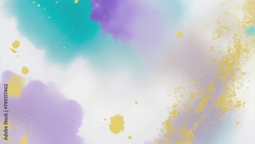 Purple Teal Gold and White Hazy paint splatter pastel background