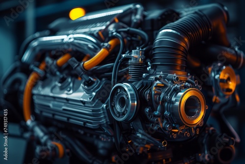 Close-up image of a car engine. Modern automobile internal combustion engine with low carbon dioxide emission. Car technology background. photo