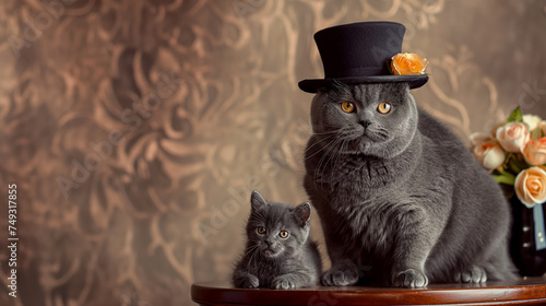 Father's day poster, gray cat in bowler hat and kitten, concept space, humorous postcard
