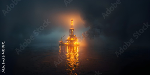 oil rig at sunset, Oil and gas platform in the middle of the ocean night view moonlight 
