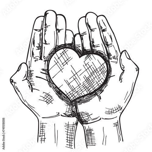 Heart in the palms of a man. Concept of love, charity, philanthropy and donation. Vector hand drawn sketch.