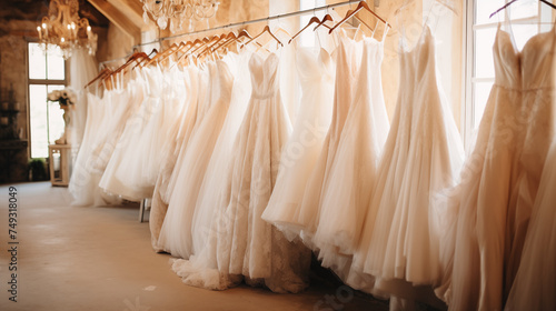 Elegant wedding dresses hanging on hangers in shop, photographs --ar 16:9 --v 5.2 Job ID: beac80dd-ba4f-4a16-8b84-0a50fdbdf506