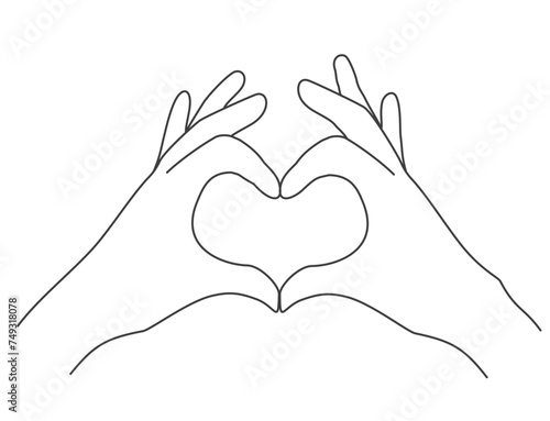 Hands fold the shape of a heart. Finger gesture. Element for design. Happy valentines day. Line art style trend modern logo graphic design. Vector illustration on an isolated white background