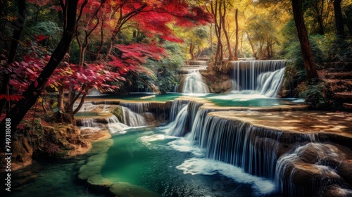 Idyllic fantasy waterfall with autumn trees and beautiful flowers, serene natural landscape