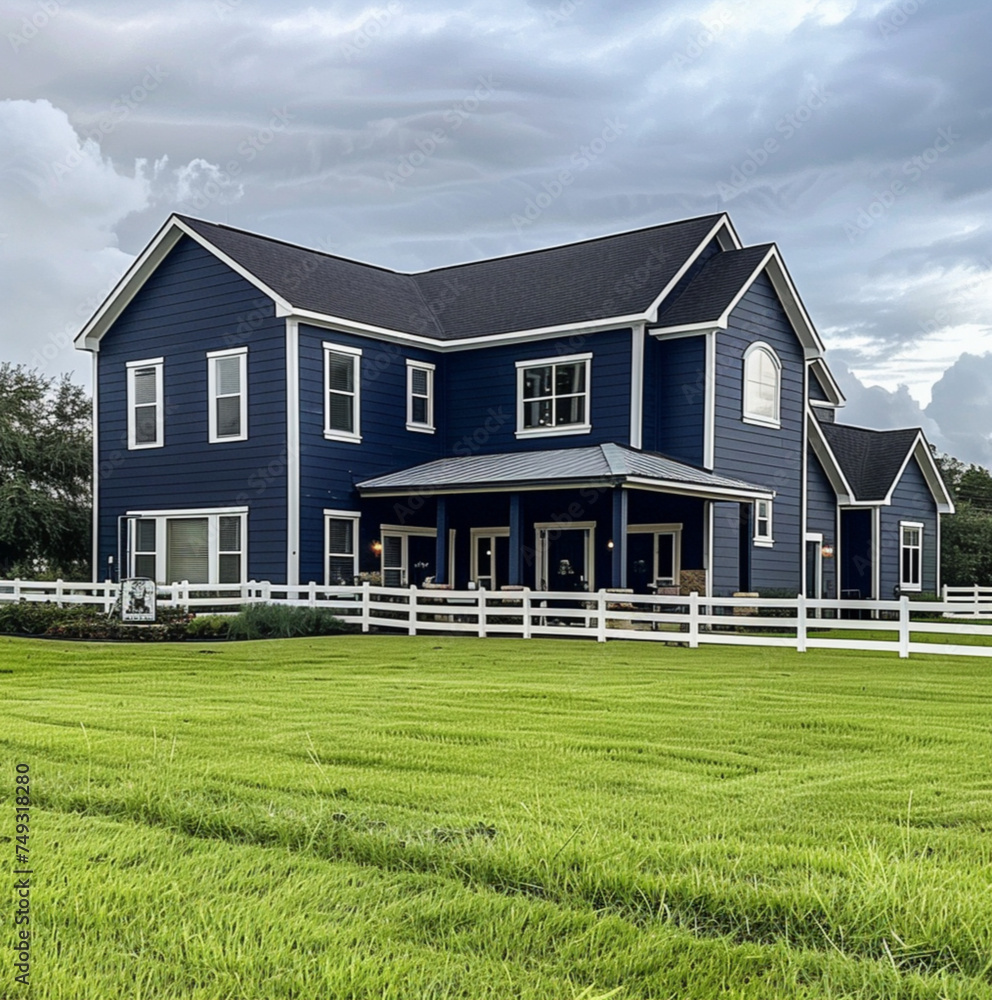 navy blue modern barndominim with white trim, aluminum picket fencing, large yard, beautiful green grass, overcast sky navy blue modern barndominim with white trim, aluminum picket fencing, large yard, beautiful green grass, overcast sky
