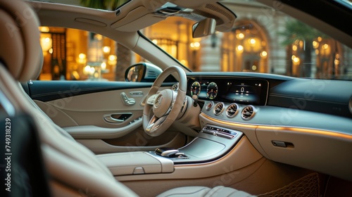 Interior of a modern luxury car with dashboard, windshield, steering wheel, driver's seat, center console and sunroof. Noble beige leather finishing, electronic control panel with digital display.