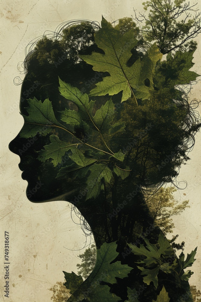 Double exposure portrait of woman with leaves in hair and trees in background nature inspired beauty concept