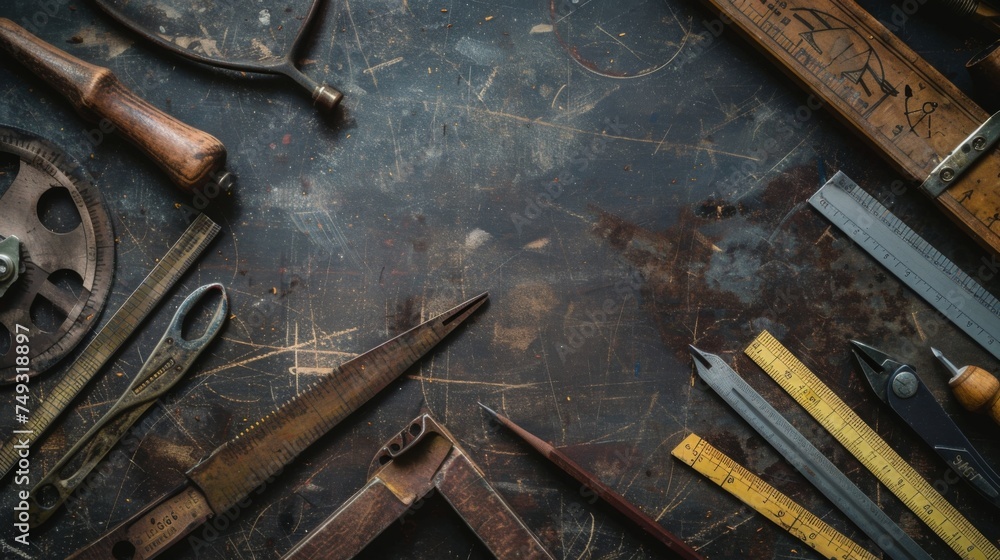 Vintage drafting tools meticulously laid out on a well-worn desk, telling a story of architectural precision and the timeless art of design.