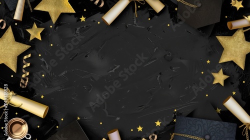 A festive flat lay of graduation caps and diplomas set against a rich green background, sprinkled with gold stars, symbolizing achievement and commencement festivities with copy space for text.