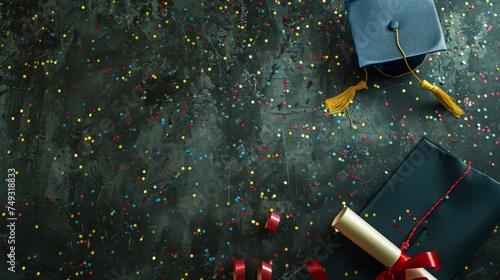 A festive flat lay of graduation caps and diplomas set against a rich green background, sprinkled with gold stars, symbolizing achievement and commencement festivities with copy space for text.
