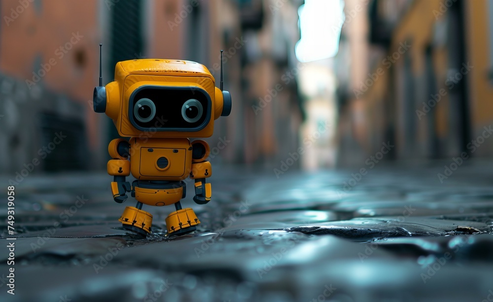 A robot delivers goods, technology, yellow taxi in the city A robot delivers goods, technology, yellow taxi in the city