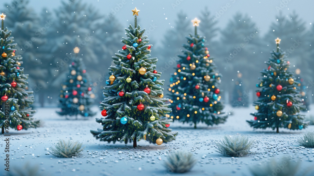 Festive Christmas Trees in Snowy Landscape