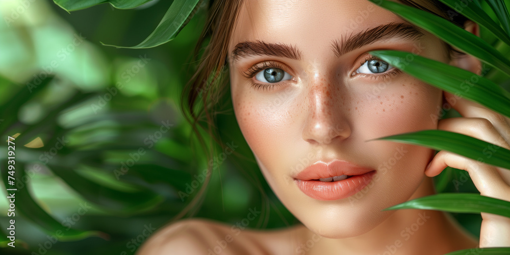 Natural Beauty - Fresh and Radiant Skin Care. A fresh-faced woman with glowing skin nestled in lush greenery, epitomizing natural skin care. Tropical. Natural Beauty - Fresh and Radiant Skin Care. A fresh-faced woman with glowing skin nestled in lush greenery, epitomizing natural skin care. Tropical.