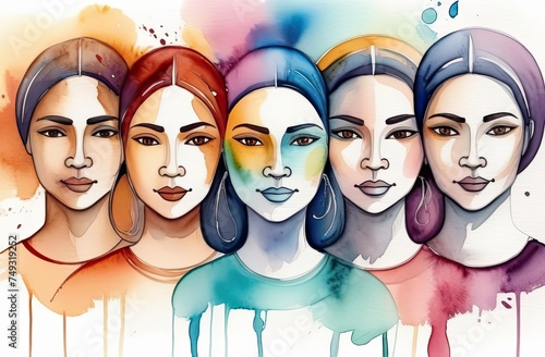 Women of different nationalities and cultures together. Colourful art painting. International Women's day. The struggle for rights, independence, equality.
