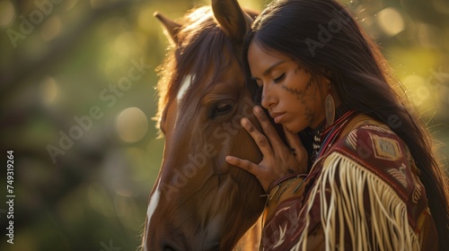 A heartfelt moment captured as a Native American woman embraces her horse, showcasing a deep connection and mutual respect,