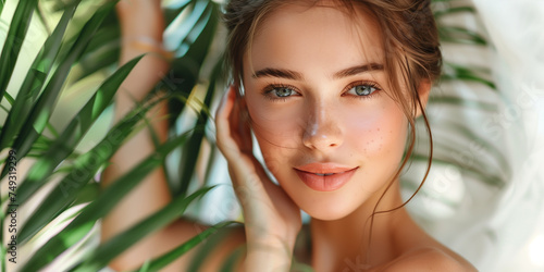 Natural Beauty - Fresh and Radiant Skin Care. A fresh-faced woman with glowing skin nestled in lush greenery, epitomizing natural skin care. Tropical.