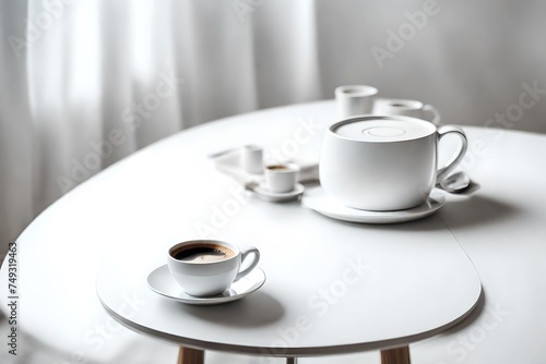 cup of coffee on white round table in minimalism style