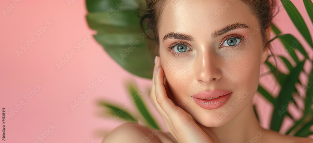 Natural Beauty - Fresh and Radiant Skin Care. A fresh-faced woman with glowing skin nestled in lush greenery, epitomizing natural skin care. Tropical. Natural Beauty - Fresh and Radiant Skin Care. A fresh-faced woman with glowing skin nestled in lush greenery, epitomizing natural skin care. Tropical.