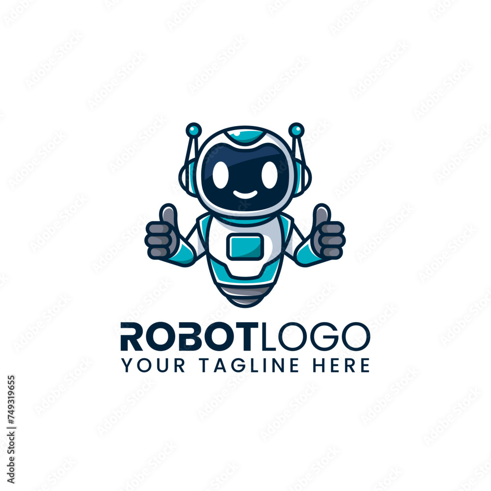 Fototapeta premium cute friendly robot mascot with thumbs up pose. minimalist logo template design. vector