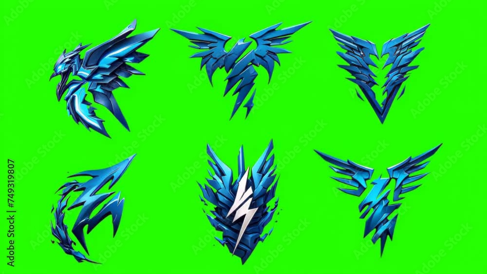 Green screen animation icon of six blue thunder, blue and black designs that resemble stylized, mythical creatures or symbols, set against a bright green background Green screen animation icon of six blue thunder, blue and black designs that resemble stylized, mythical creatures or symbols, set against a bright green background