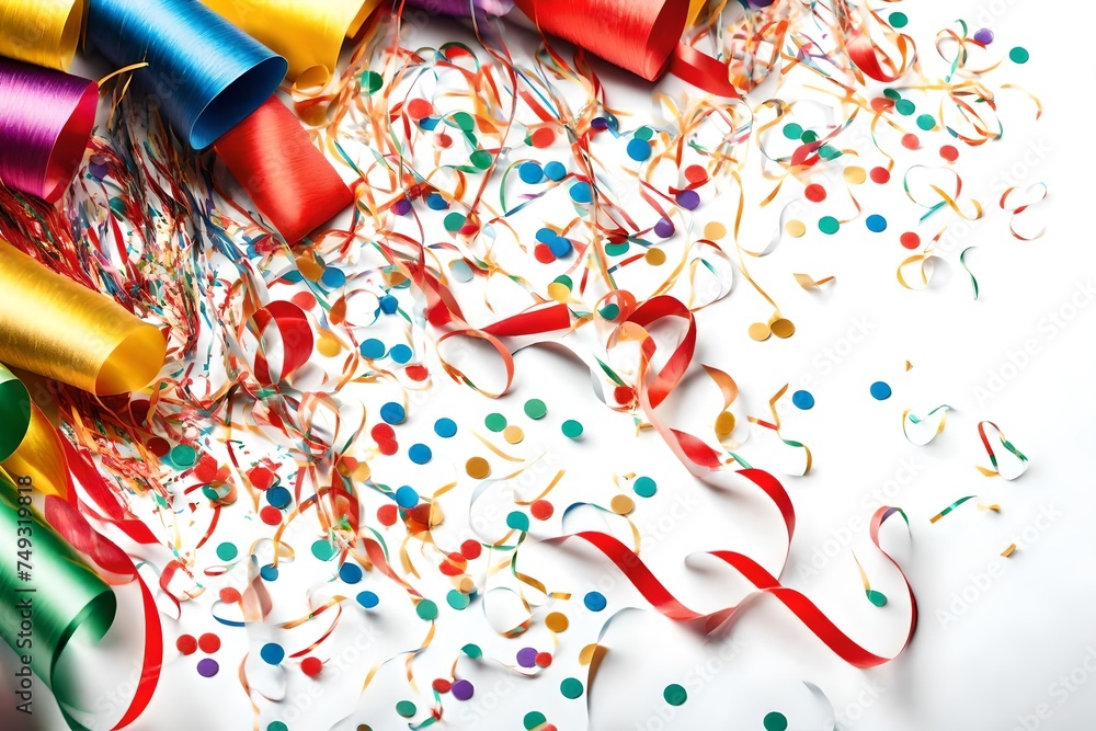 Party streamers and confetti on a white background - copyspace