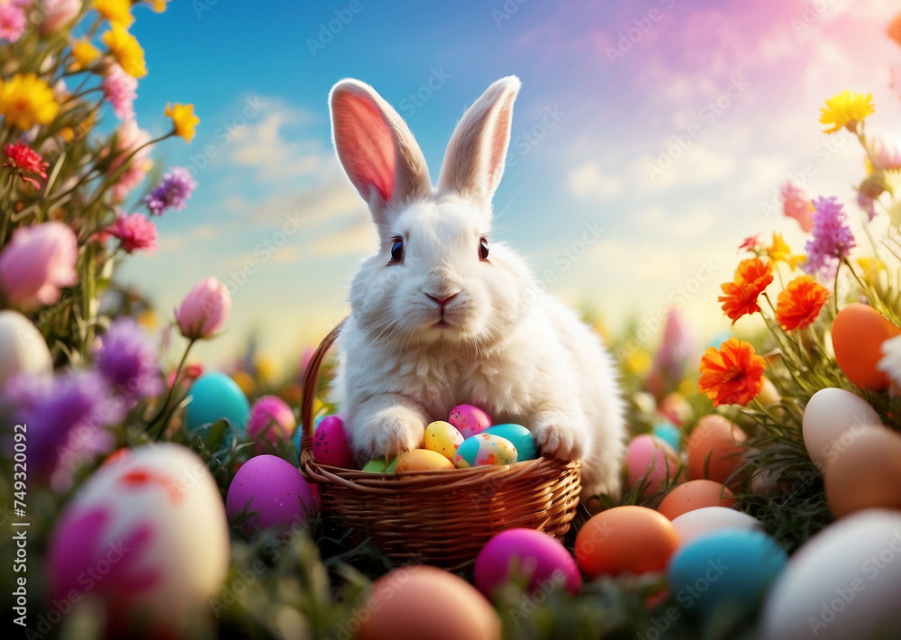 Easter theme with Easter bunny and eggs inside the basket in natural background Easter theme with Easter bunny and eggs inside the basket in natural background