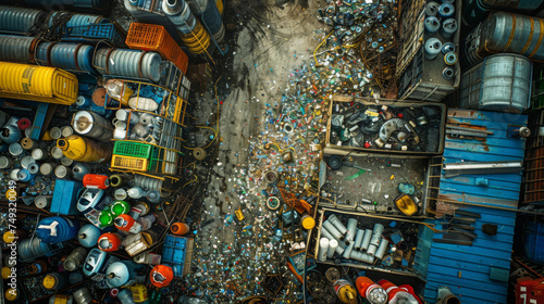 Bird's-eye view of a sprawling scrapyard with assorted metal drums, containers, and various recyclable debris photo