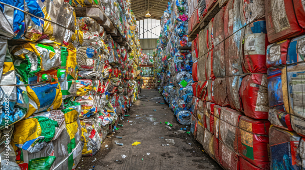 Fototapeta premium A colorful array of compacted recyclables tightly bundled, ready for the next step in the recycling process