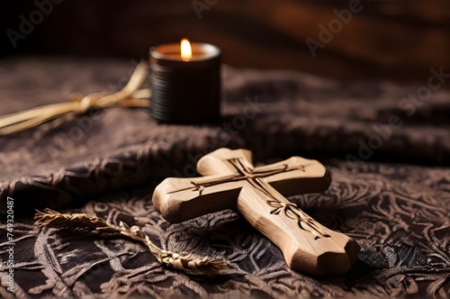 Arrangement of christian cross, purple flowers and bibile. Ash wednesday, good friday. Lent season, holy week concept. Symbol of religion, sacrifice, redemtion, jesus christ. Christian holy day banner photo