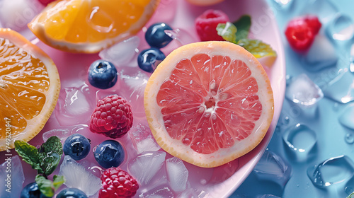 Refreshing citrus and berries with ice on a gradient background