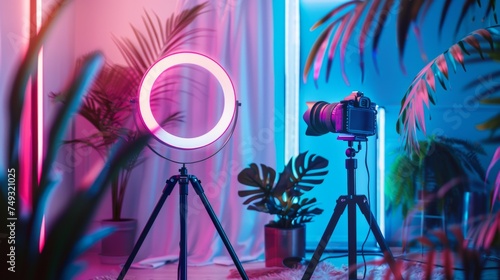 Professional ring light setup in vibrant studio at night