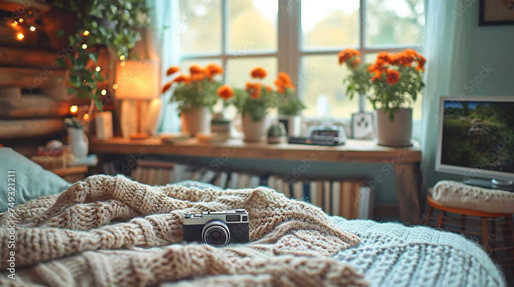 Creative Space with Vintage Camera and Cozy Knits and Blurred Background - obrazy, fototapety, plakaty 