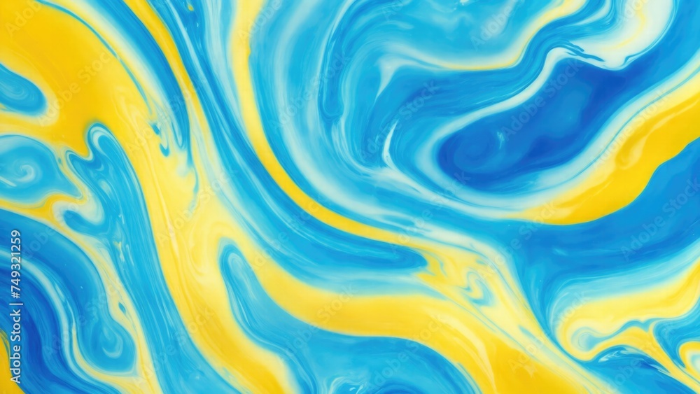 Yellow and Blue dynamic background mixing liquid paints art. Modern futuristic pattern marble translucent colors texture