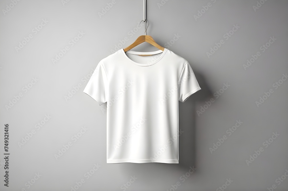 White t-shirt hanging on light wall mock up. 3d illustration White t-shirt hanging on light wall mock up. 3d illustration