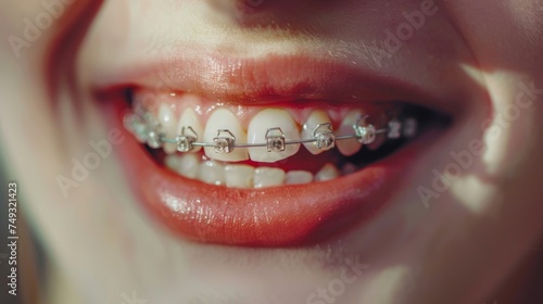 A detailed view of a young girls smile showcasing her dental braces fitted on perfectly aligned teeth.