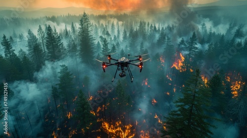 Dart drone soaring over devastating forest fire at dusk