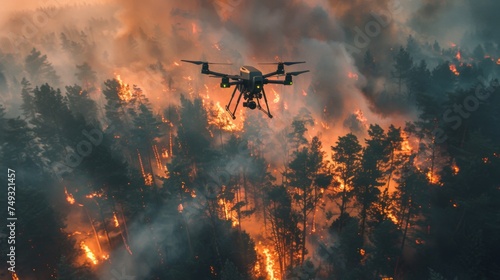 Dart drone soaring over devastating forest fire at dusk