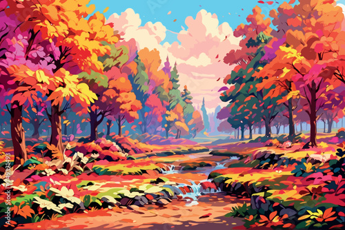 Autumn cartoon scene landscape with trees