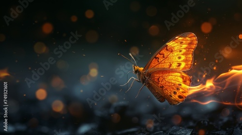 A dart moth appears ablaze, with its wings illuminated as if on fire, contrasting starkly against a dark, sparkling background.