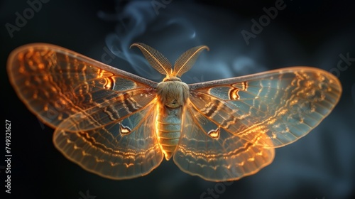 A dart moth appears ablaze, with its wings illuminated as if on fire, contrasting starkly against a dark, sparkling background.