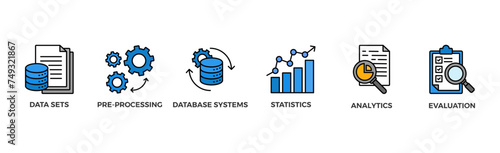 Data mining banner web icon vector illustration concept with icon of data sets, pre-processing, database systems, statistics, analytics and evaluation