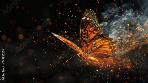 Cute wild animal butterfly, isolated black background. Power of blazing fire flame. Generative ai.