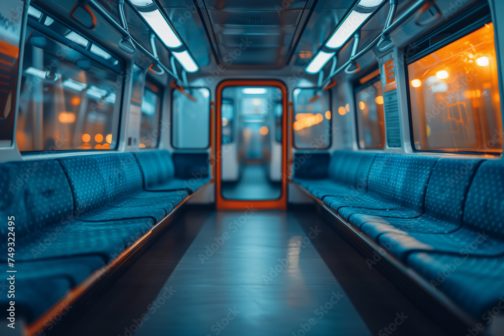 Interior of a train car filled with blue seats and windows, ready for passengers to embark on a journey Interior of a train car filled with blue seats and windows, ready for passengers to embark on a journey