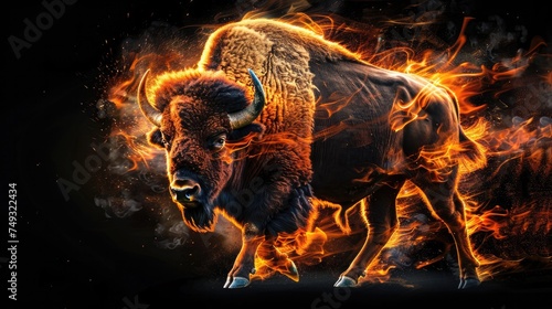 Cute wild animal bison , isolated black background. Power of blazing fire flame. Generative ai. © Dvid