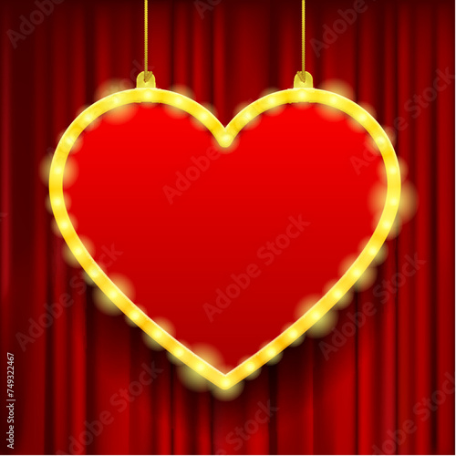 A hanging red heart-shaped signage in a yellow frame with lights in 3D style on red curtain. Template for presentation and show. Vector illustration © Raman Maisei