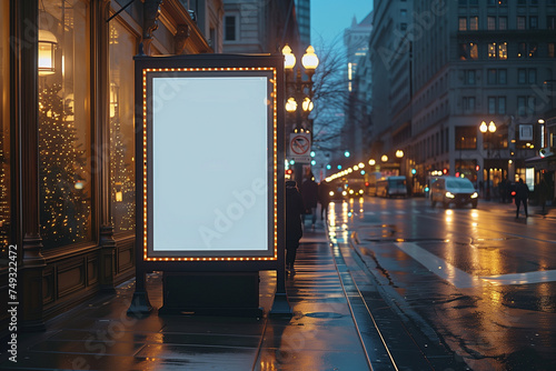 An empty white street sign on a wet sidewalk on a rainy day, mockup