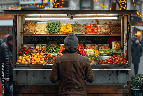 A man stands in front of a variety of fresh fruits and vegetables displayed at a market stand