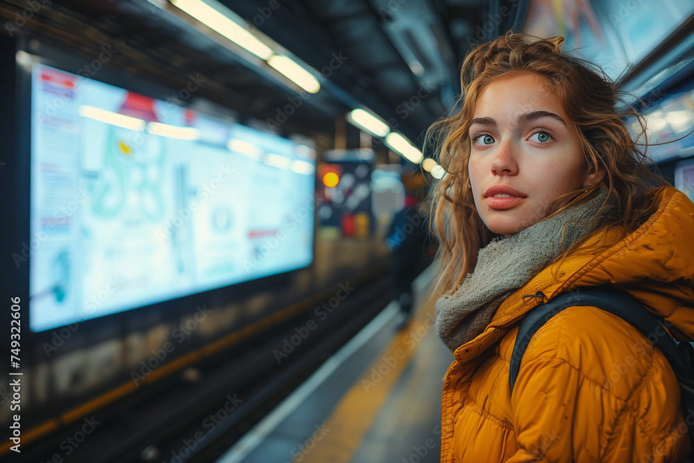 A woman wearing a yellow jacket standing in a subway station, waiting for the train